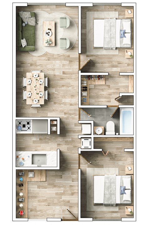 A top-down view of a small apartment layout with a kitchen, living room, and bathroom.